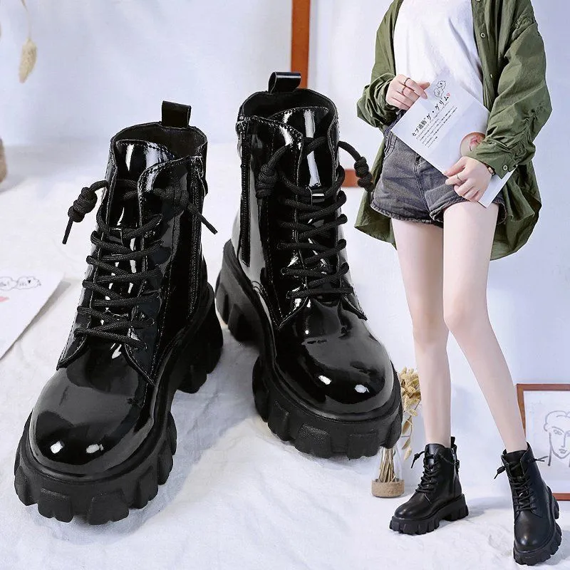 Round Toe Med Heel Boots Women Shoes Autumn Boots-Women Booties Ladies Lace Up Designer Lolita Black 2020 Rubber Flat