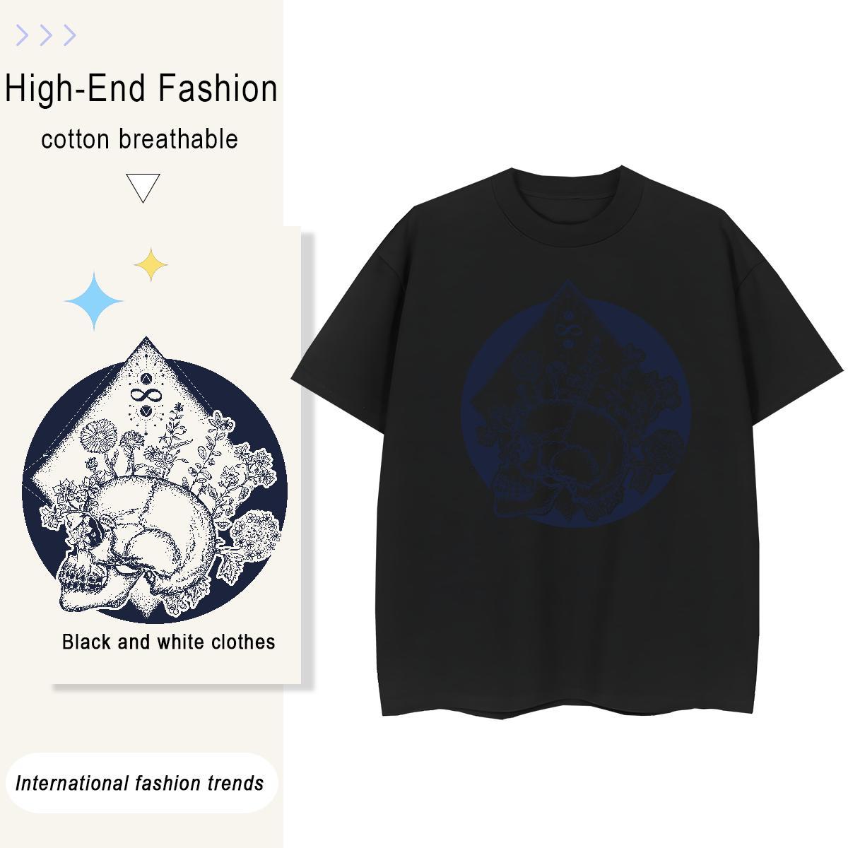 Casual New Women T Shirts 230g Pure Cotton O-Neck Short Sleeve Hip Hop Street skull Tshirt for Man Woman Brand Black White Clothes