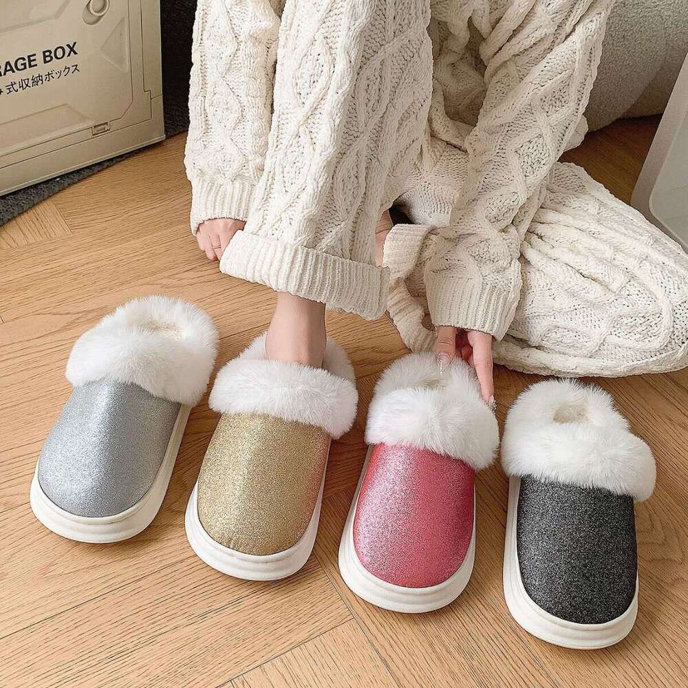 Women Shoes Baotou Frosted Glitter Fur Slippers Warm Home Anti Slip Cotton Mop Thick And Warm Cotton Slippers With Velvet High Quality