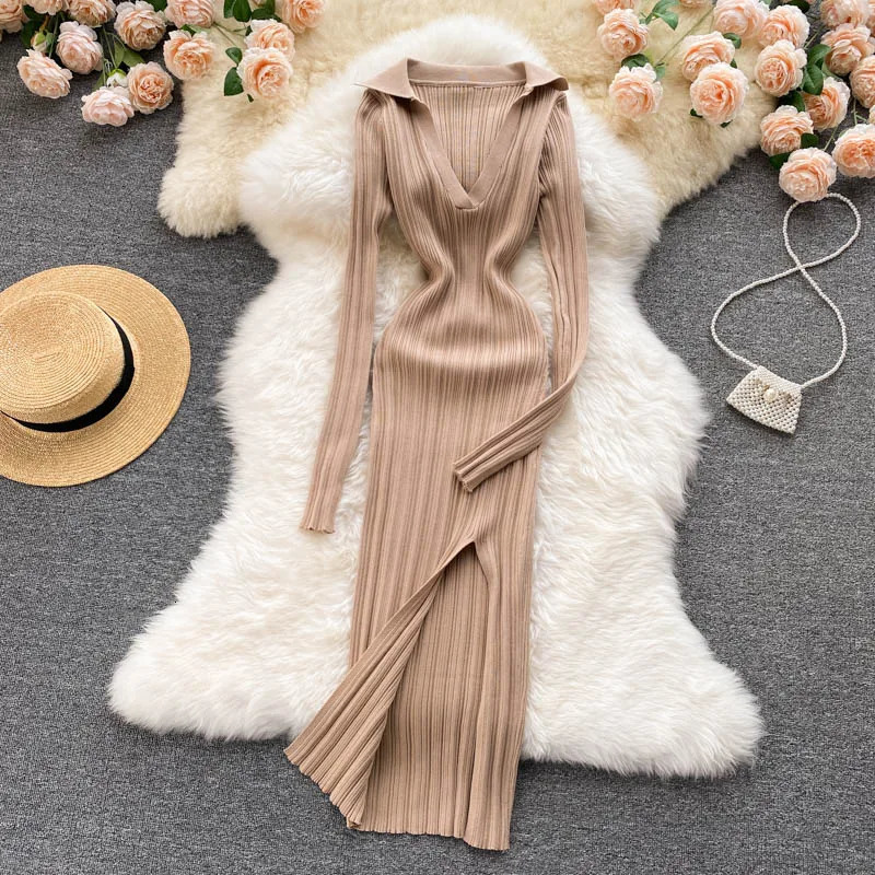 YuooMuoo Autumn Winter Knit Rib Wrap Midi Pencil Dress for Women Streetwear Korean Long Sleeve Bodycon Split Sweater Party Dress 241010
