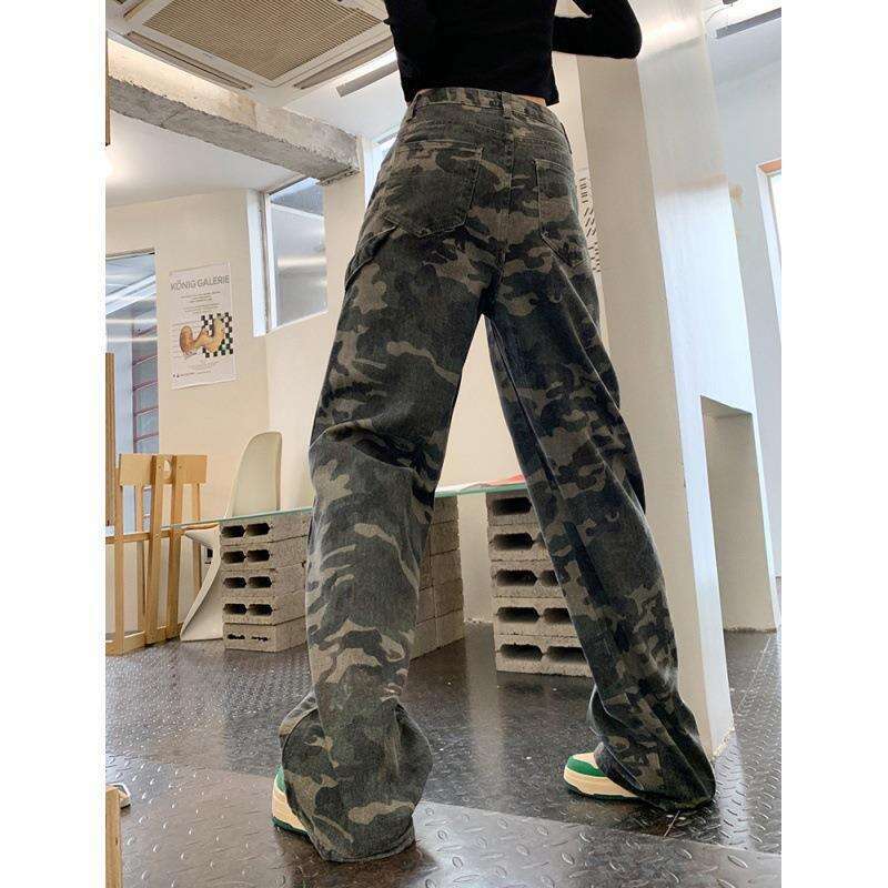 American Hip-hop Camouflage Work Womens Chubby Mm Spring Loose Straight Jeans Look Slim High Waisted Wide Leg Pants Trendy All-match Model Fashionable