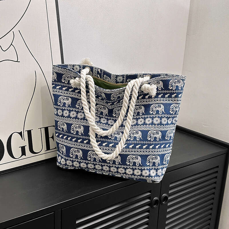Creative printing large new casual and fashionable canvas women's bag, Korean version single shoulder diagonal cross thick rope beach bag