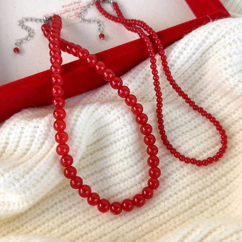 Vintage Red Beaded Necklaces for Women Chinese Style Glass Beads Necklace Exquisite Elegant Choker Aesthetic Jewelry AccessoriesX241009