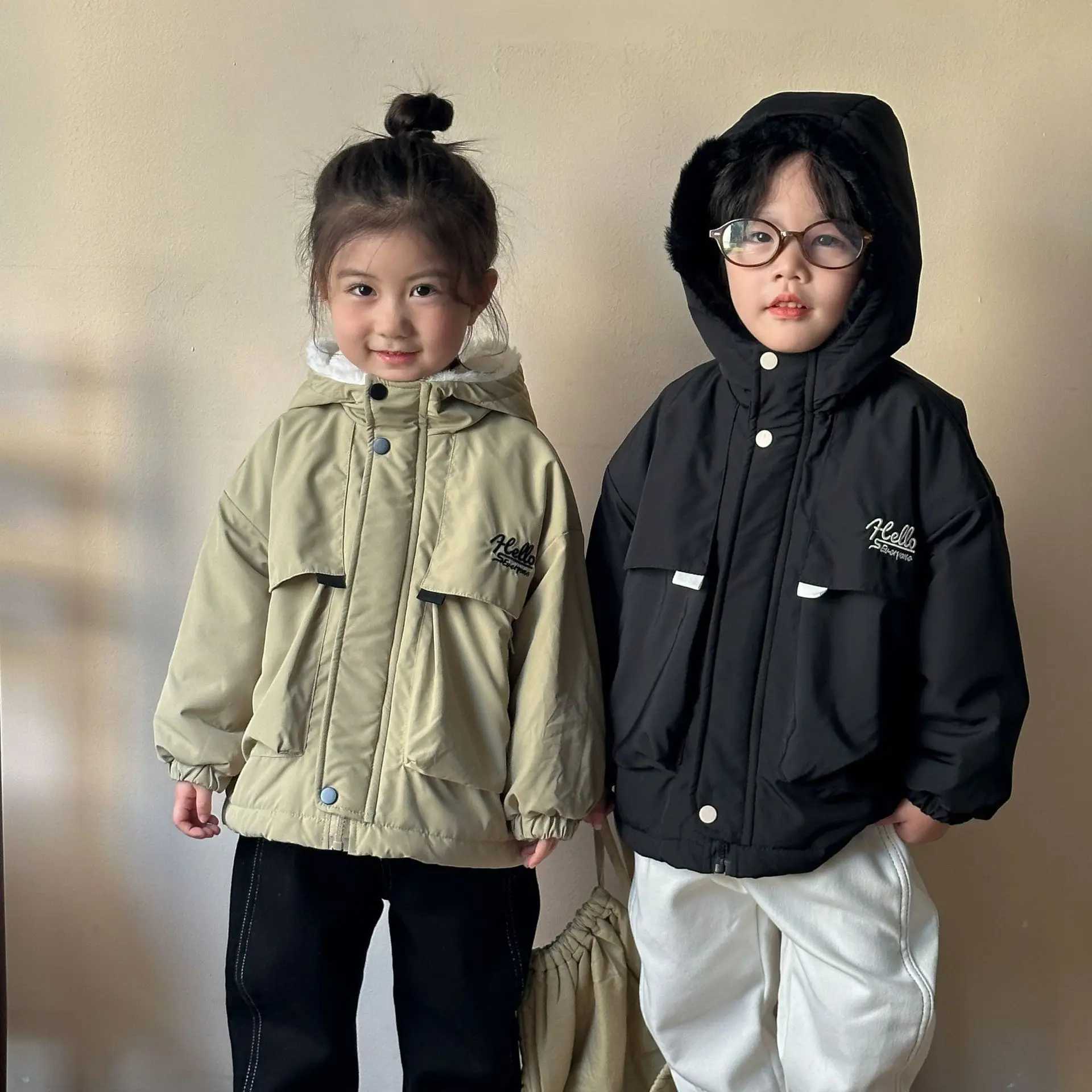 Down Coat 2024 Autumn/Winter Childrens Mens Wear Plush Thick Cotton Quilted Hooded Velvet Mens Wear 1-10 Year Mens Wear H241010