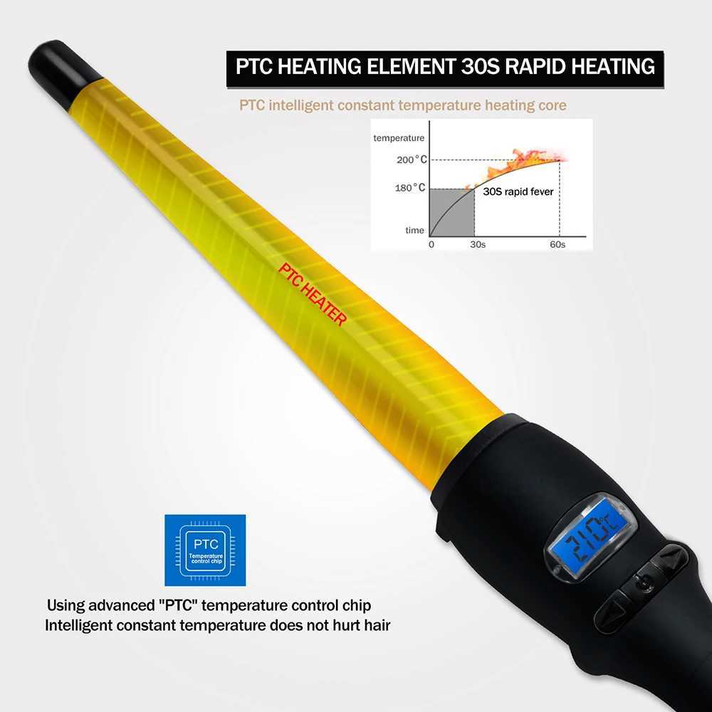 Hair Curling Wand Tapered Curling Iron Professional Ceramic Hair Curler Wand Instant Heating Hair Styling Tools LCD DisplayXJ241010