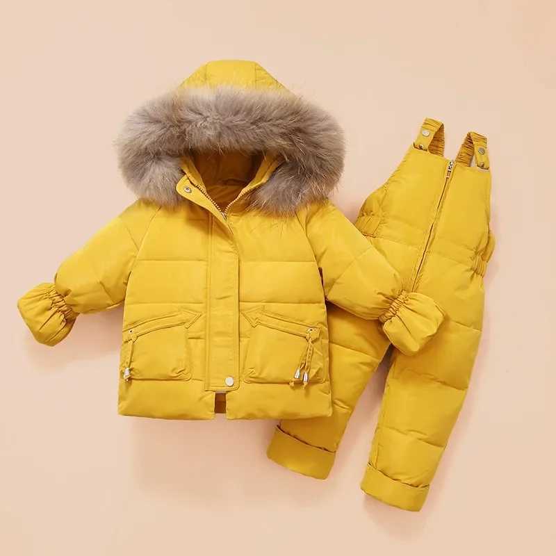 Down Coat Childrens snow jacket and winter thick set for toddlers hooded fur down jacket ski jacket and snow bib pants H241010