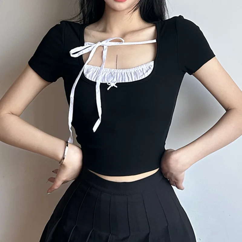 Y2K Soft Style Color-block Ruched Short Sleeve T Shirt 2024 Slim Bow-tie Cropped Top for Women 241010