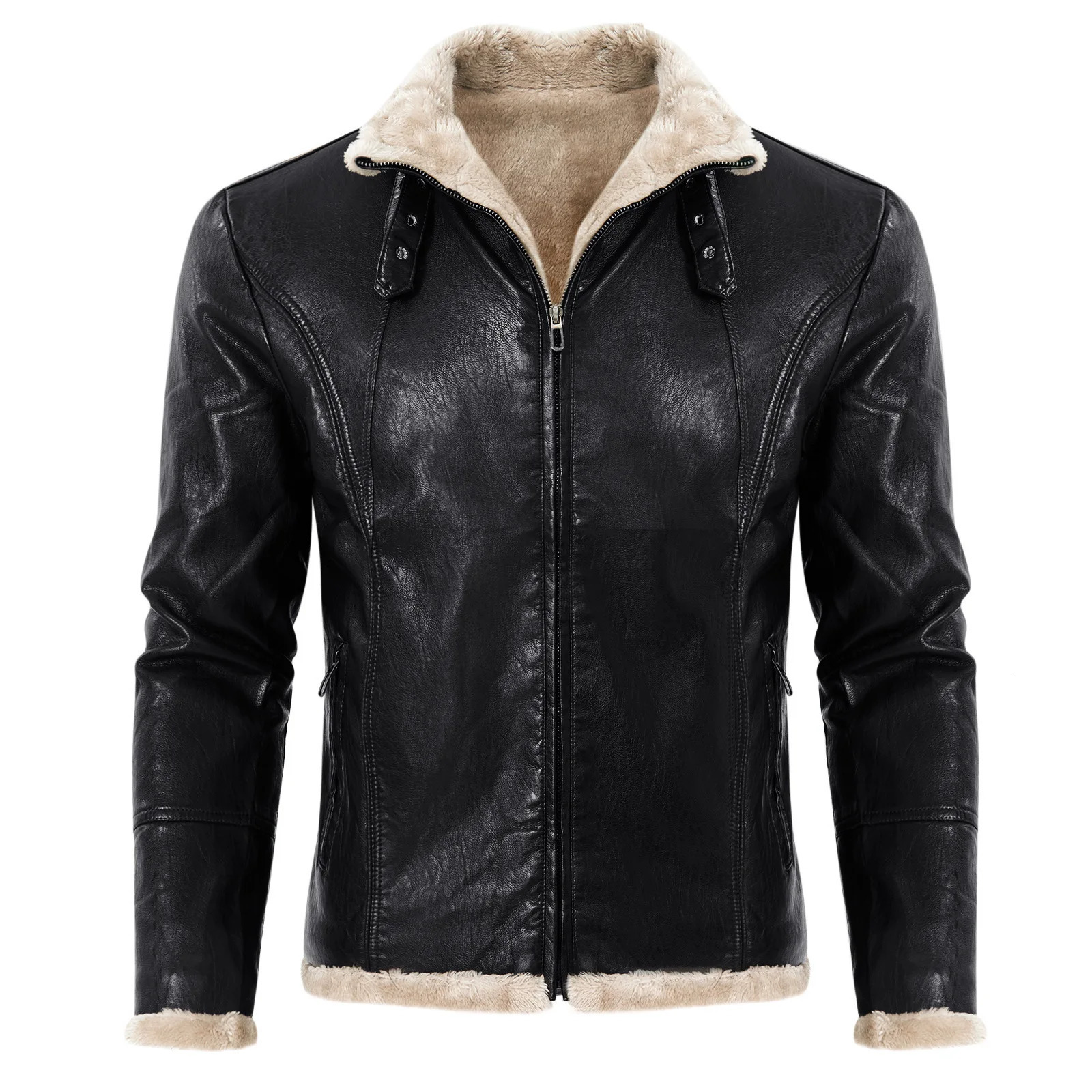 Autumn/Winter PU Leather Mens Solid Coat Leather Integrated Jacket Thick Collar Coat 240930