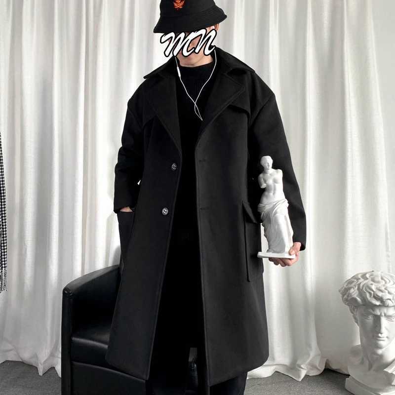 Mens Hooded Long Woolen Coats Oversized Solid Color Winter Windbreaker Korean Style Casual Outwear LX241010