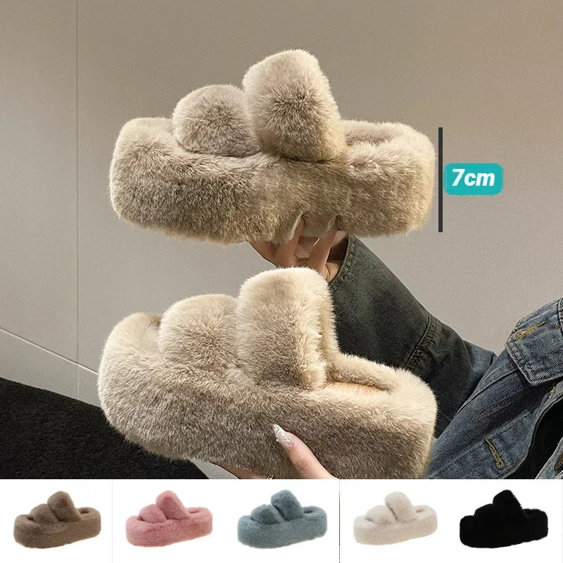 Womens Fur Womens Fur Fluffy Plush Slide House Soft Fuzzy Platform Indoor Leisure Winter Home Warm High Heels Womens Shoes 241007