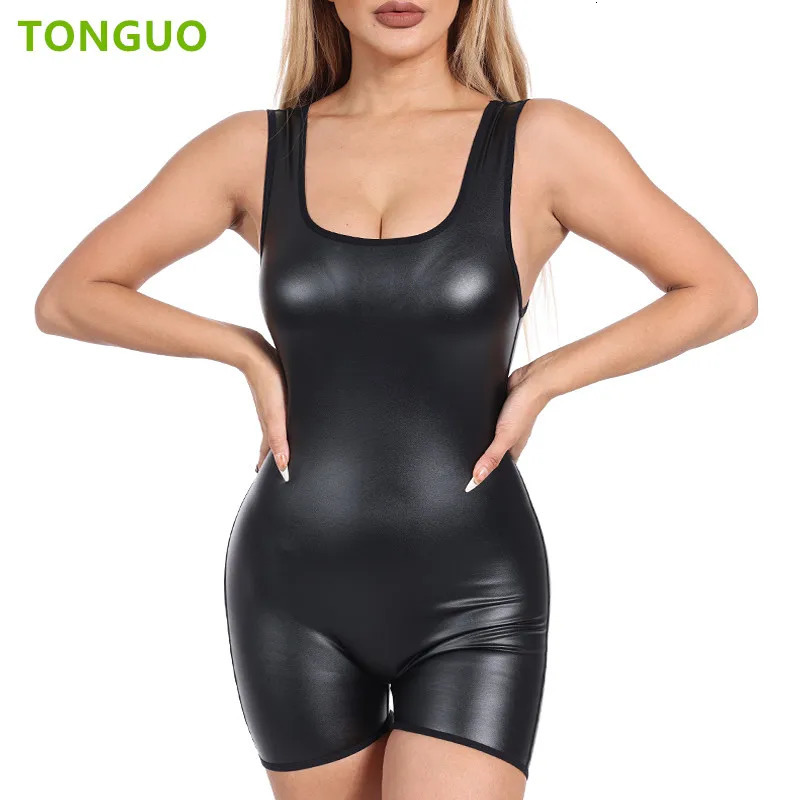 One piece womens bodysuit shapewear sexy leather shorts sleeveless vest top jumpsuit party club 241007