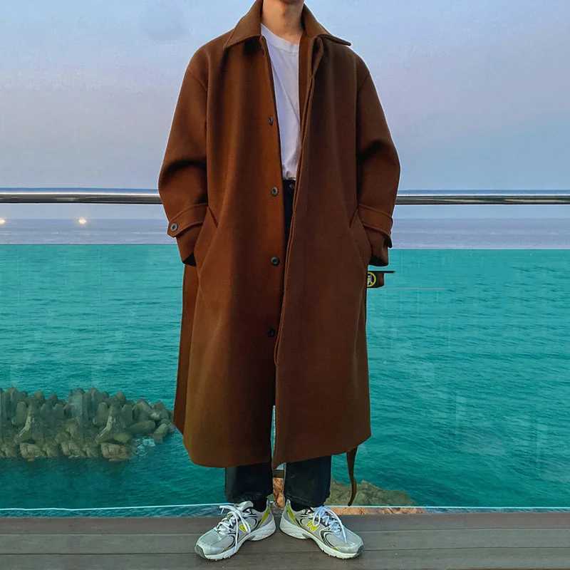 IEFB Tweed Overcoat Mens Autumn Winter Long Coat Loose Knee-length New Korean British Thickened Belted Woolen Jacket D1221 LX241010