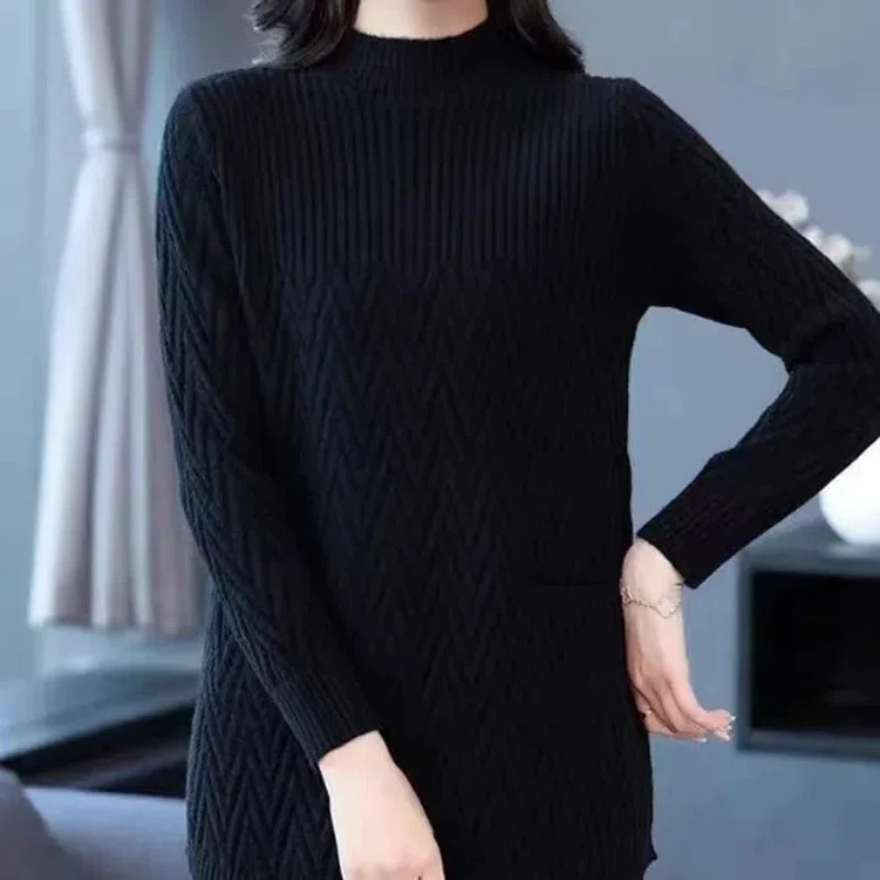 SummerAutumnWinter Womens Sweater Pulling Flower Solid Neck Pocket Threaded Fashion Long Sleeve Knitted Top 241007