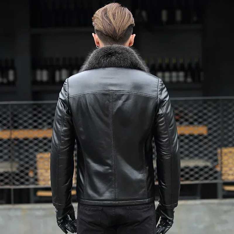 Mens genuine leather coat raccoon fur collar fur mens thick leather jacket winter ultra-thin fur coat sheepskin coat cardigan mens W241009