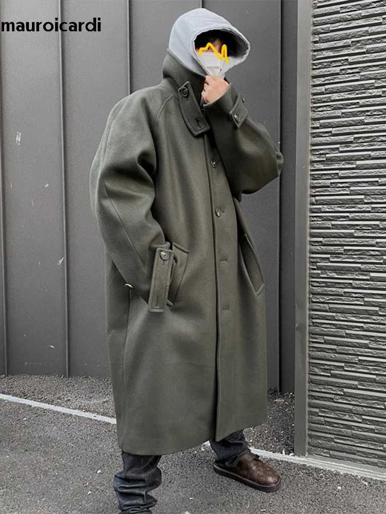 Mauroicardi Autumn Winter Long Oversized Windproof ArmyGreen Black Warm Woolen Trench Coat Men Single Breasted Runway Fashion LX241010