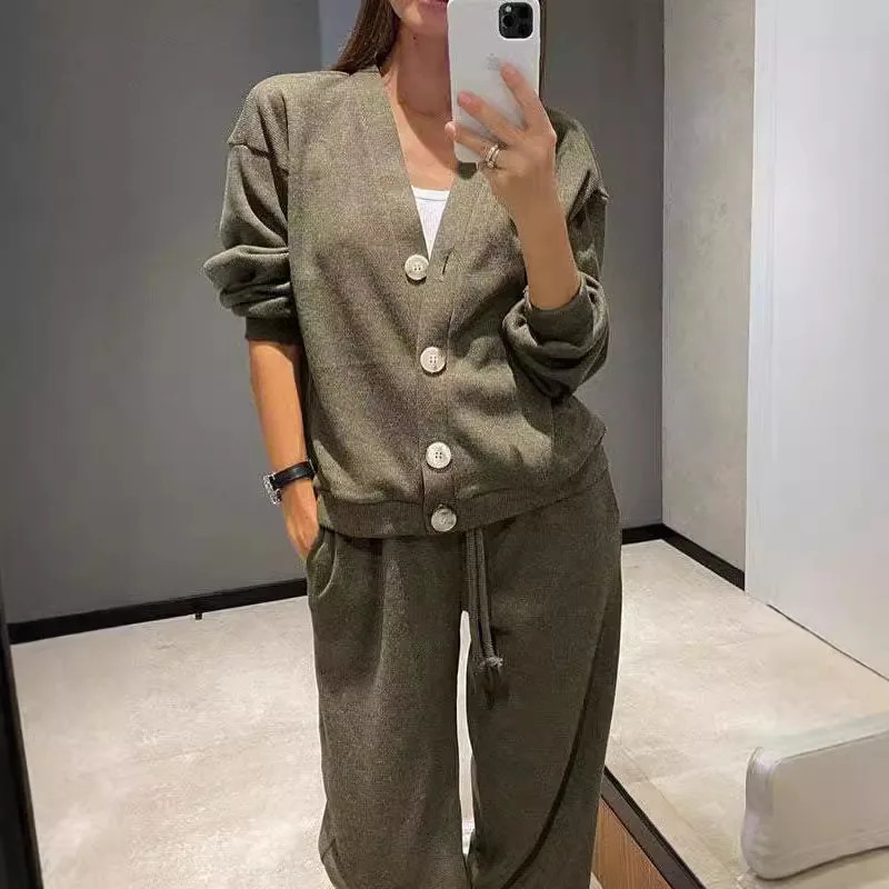 casual womens knitted pants set Vneck long sleeved single chest sweater cardiganlong twopiece 241008