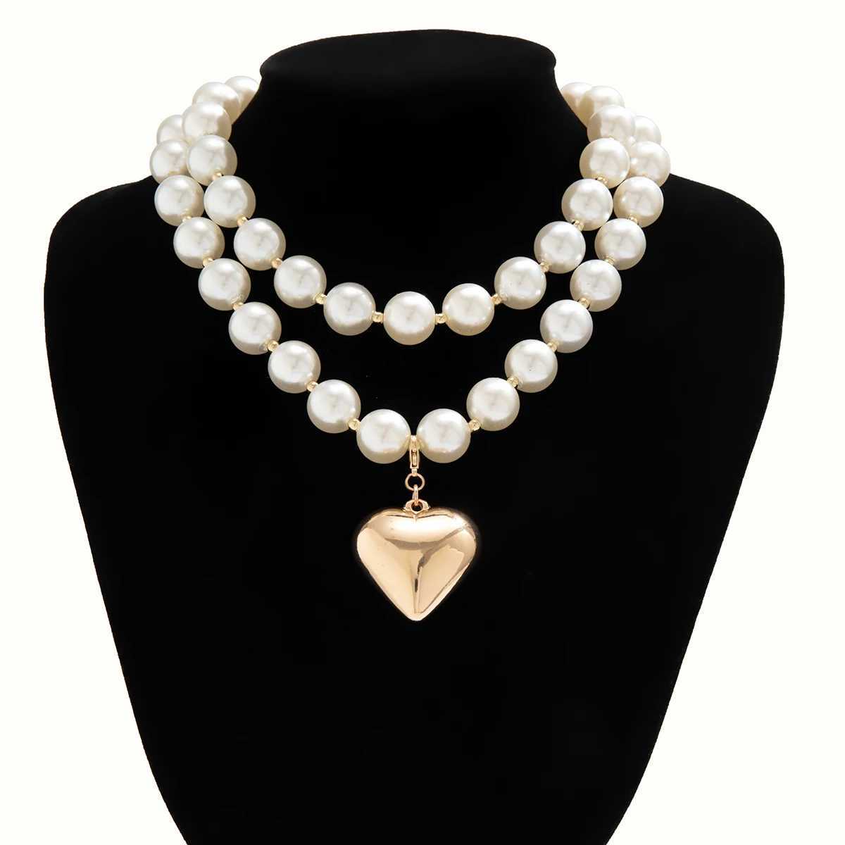 Lacteo Exaggerated Imitation Pearl Beads Necklace for Women CCB Big Heart Pendant Choker Jewelry On The Neck Collar Party GirlsX241009
