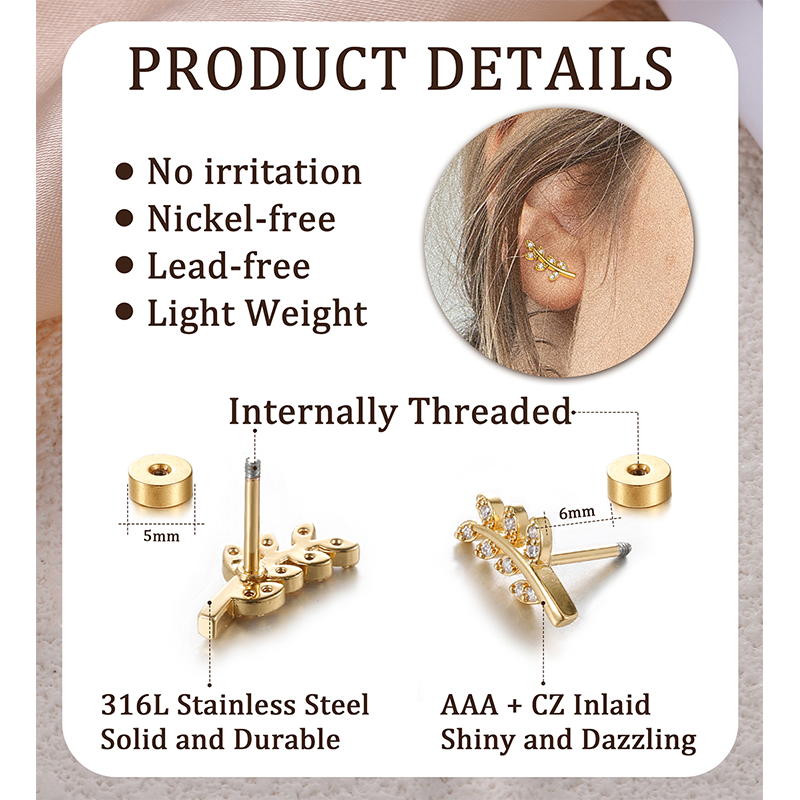 TUPMI 20G Cartilage Earrings for Women 14K Gold Stainless Steel Flat Back Cartilage Stud Earrings for Sensitive Ear Leaf Opal Conch Piercing Jewelry G