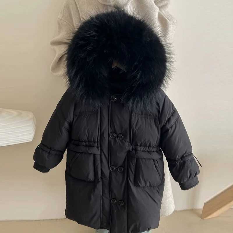 Down Coat Girls hooded fur collar jacket childrens winter casual cotton jacket fashionable warm jacket new youth clothing 5-12Y H241010