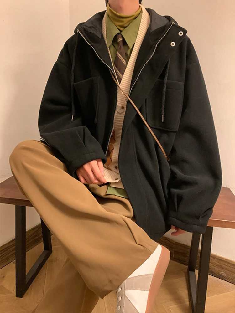 Blends Men Casual Loose Multi Pockets Spring Autumn Hooded Coat High Street Coats Korean Style Male Advanced Handsome Fashion LX241010