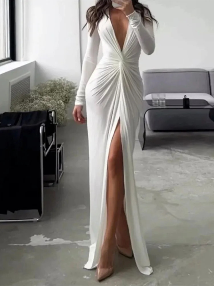 Women Maxi Dress Autumn 2023 Fashion Sexy Slit V Neck Long Sleeve Solid Slim Pleated Evening Party Prom Dresses 241009