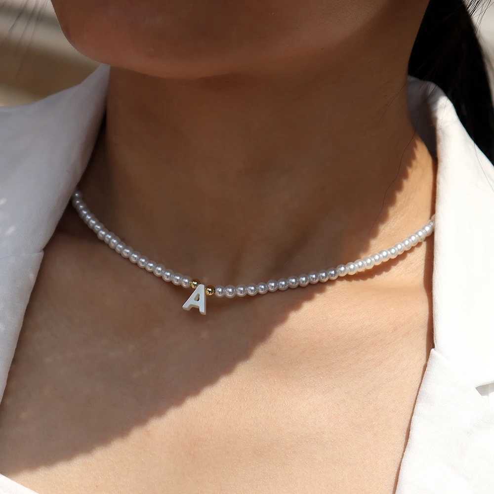 New Fashion 26 Initial Letter Pendant Necklace Women Simple Imitation Pearl Bead Necklace For Women Jewelry GiftX241009