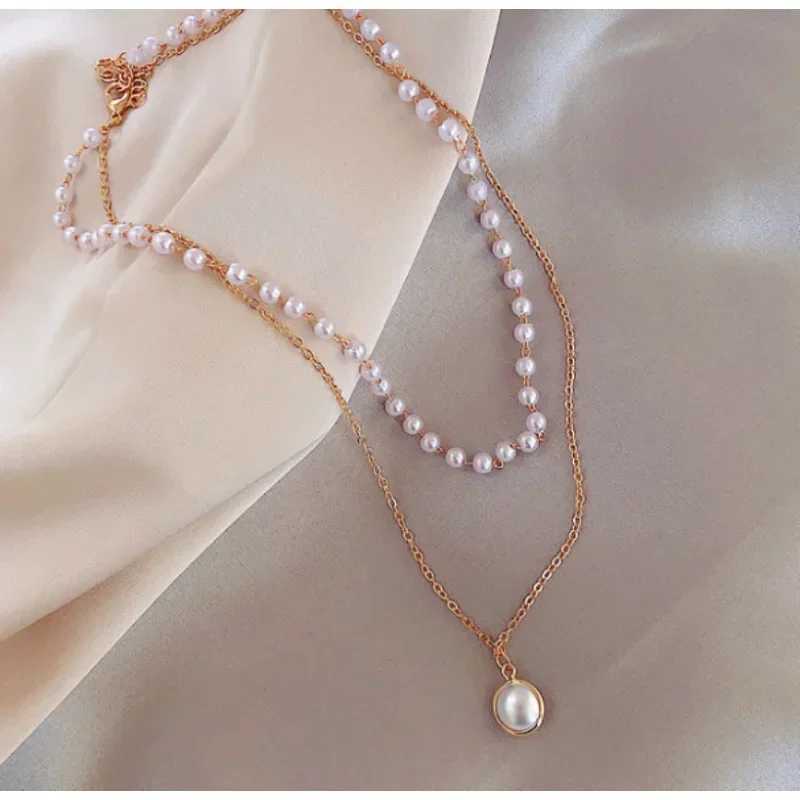 Simulated Pearl Necklace Cute Double Layer Neck Chain Pendant for Women Charm Choker 2023 Fashion Beads Chain Jewelry GiftX241009