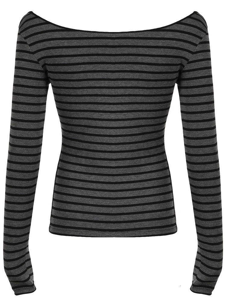 Japanese Basic Slim Long Sleeve Stripe Tee Off Shoulder O Neck Korean Street Style Spring Autumn Y2K Gray T Shirt Women 241010