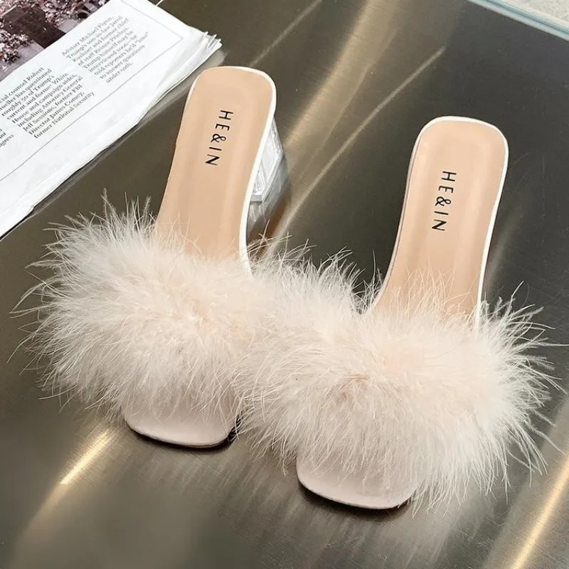 Mules Sandal Women Summer Outdoor Fashion Slippers Square Toe High Heels Office Ladies Feather Slides Chic Classics Furry Shoes 240927
