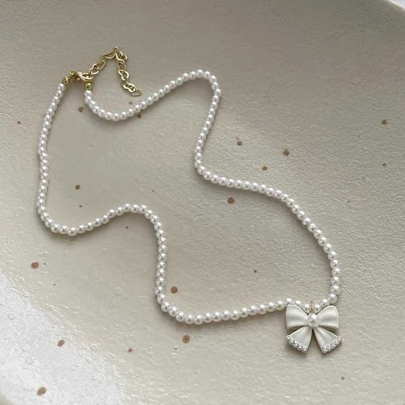 Summer Sweet Bowknot Shape Necklace Women Elegant Imitation Pearl Pendant Bead Chain Choker Korean Style Classic Jewelry Y2k NewX241009