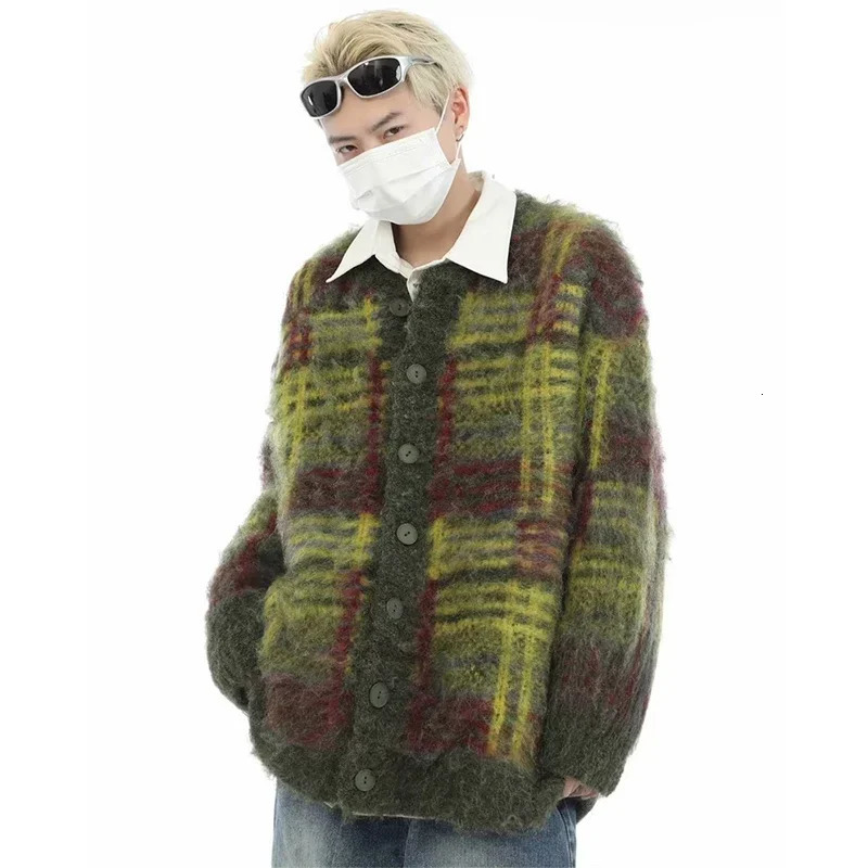 Autumn Korean fashion striped cardigan mens retro casual button knit long sleeved pocket Y2K sweater jacket 241007