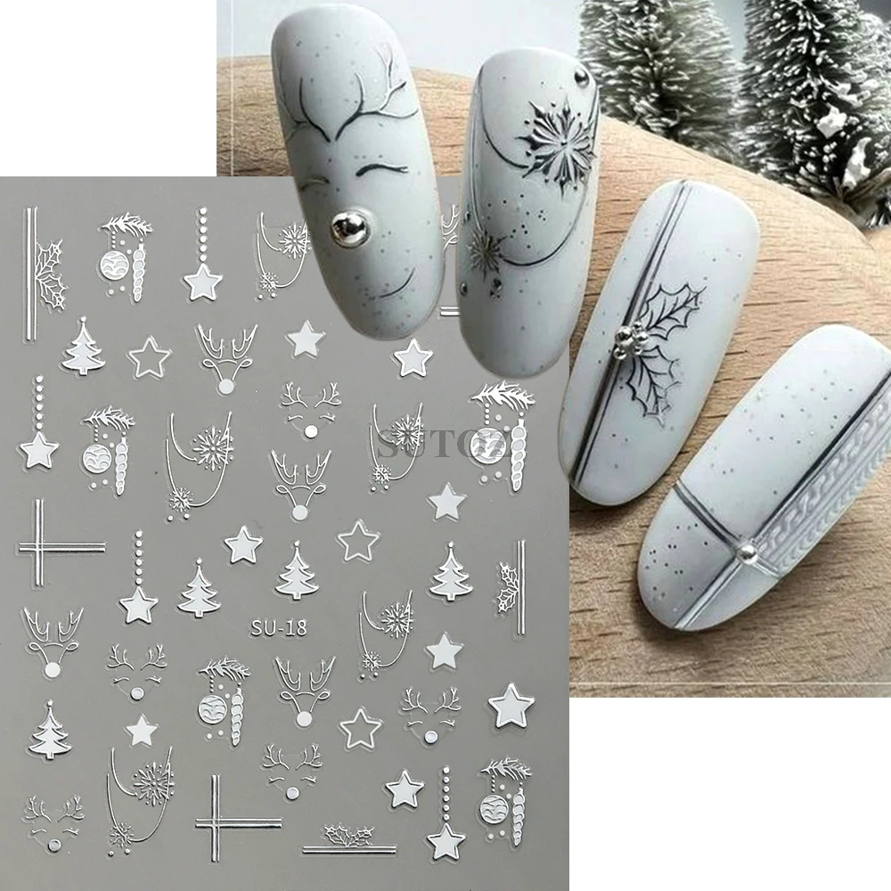 3D Golden Christmas Nail Stickers Metal Silver Deer Bear Snowflake Star Nail Stickers Year Decoration 2024 Slide LEBSU-19 241008