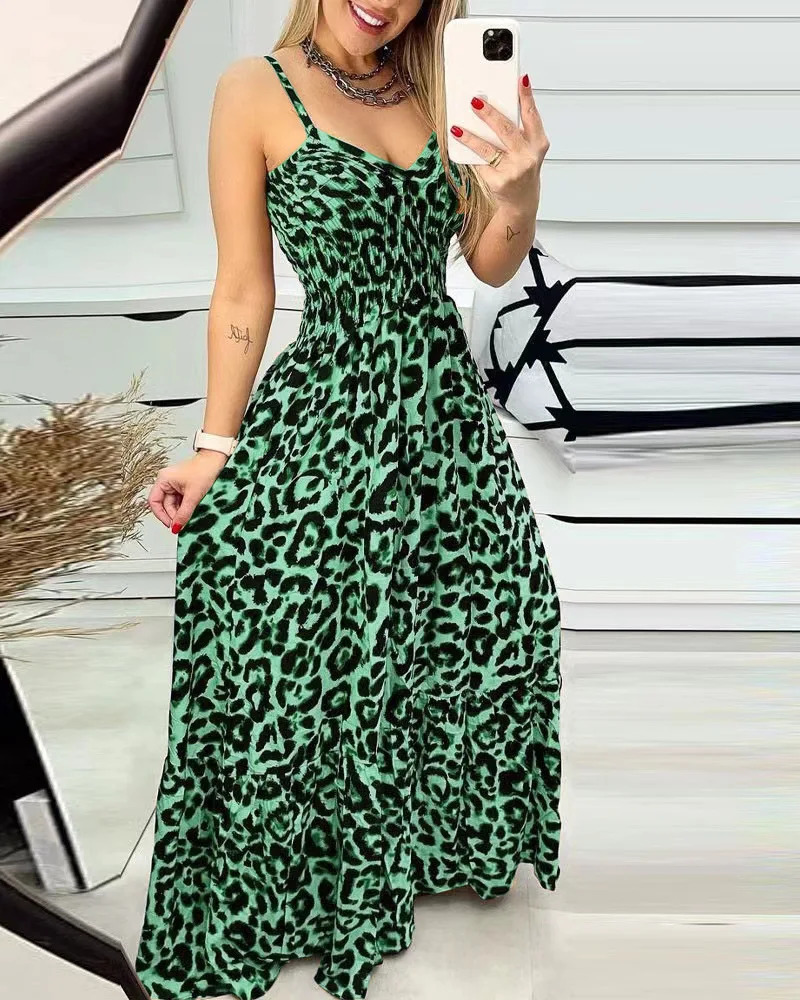 Summer leopard print camisole Vneck dress high waisted skirt sexy temperament long womens clothing plus size 241010