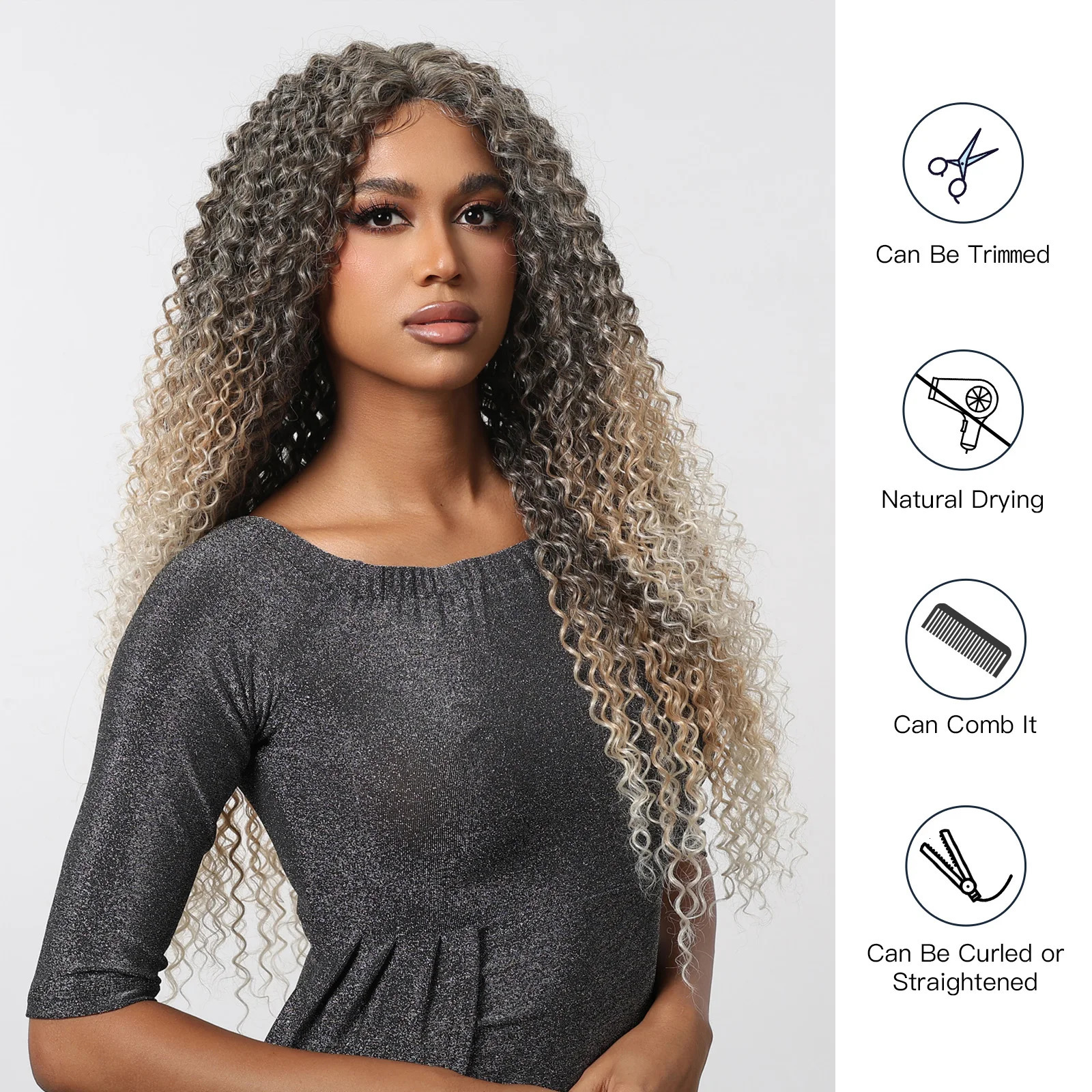 Long Twisted Curled African Lace Front Synthetic Wig Grey Golden Hair White Gold Wig Deep Curled Wig Black Brazilian Female T Part Lace 241007