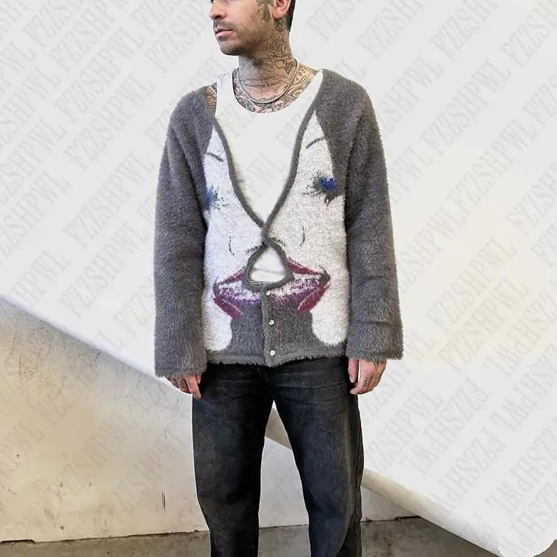 Y2k American retro graphic hip-hop gothic punk sweater Harajuku retro latte art retro fashion streetwear mens retro cardigan 241007