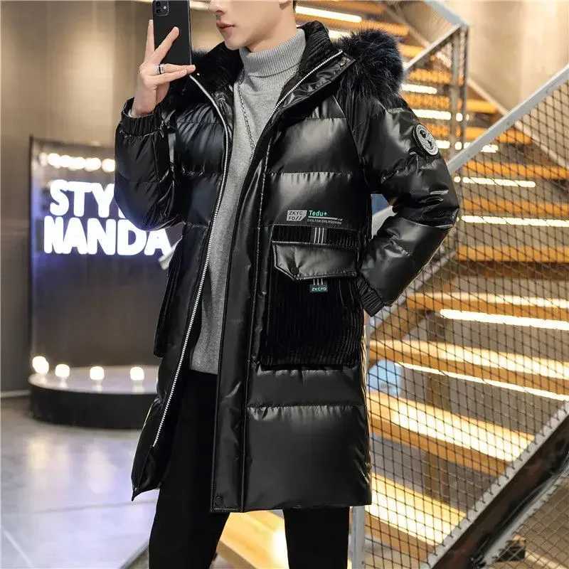 Men's Down Parkas Winter New Men Mid-Length Down Cotton-Padded Jacket Mid-Length Trendy Bright Leather Hooded Parka Male Casual Large Size Outwea