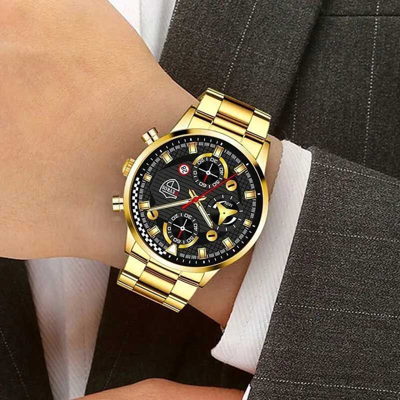 2PCS Fashion Mens Gold Bracelet Watches Set Men Business Stainless Steel Quartz Watch Male Calendar Date Wristwatch Reloj HombreX241010