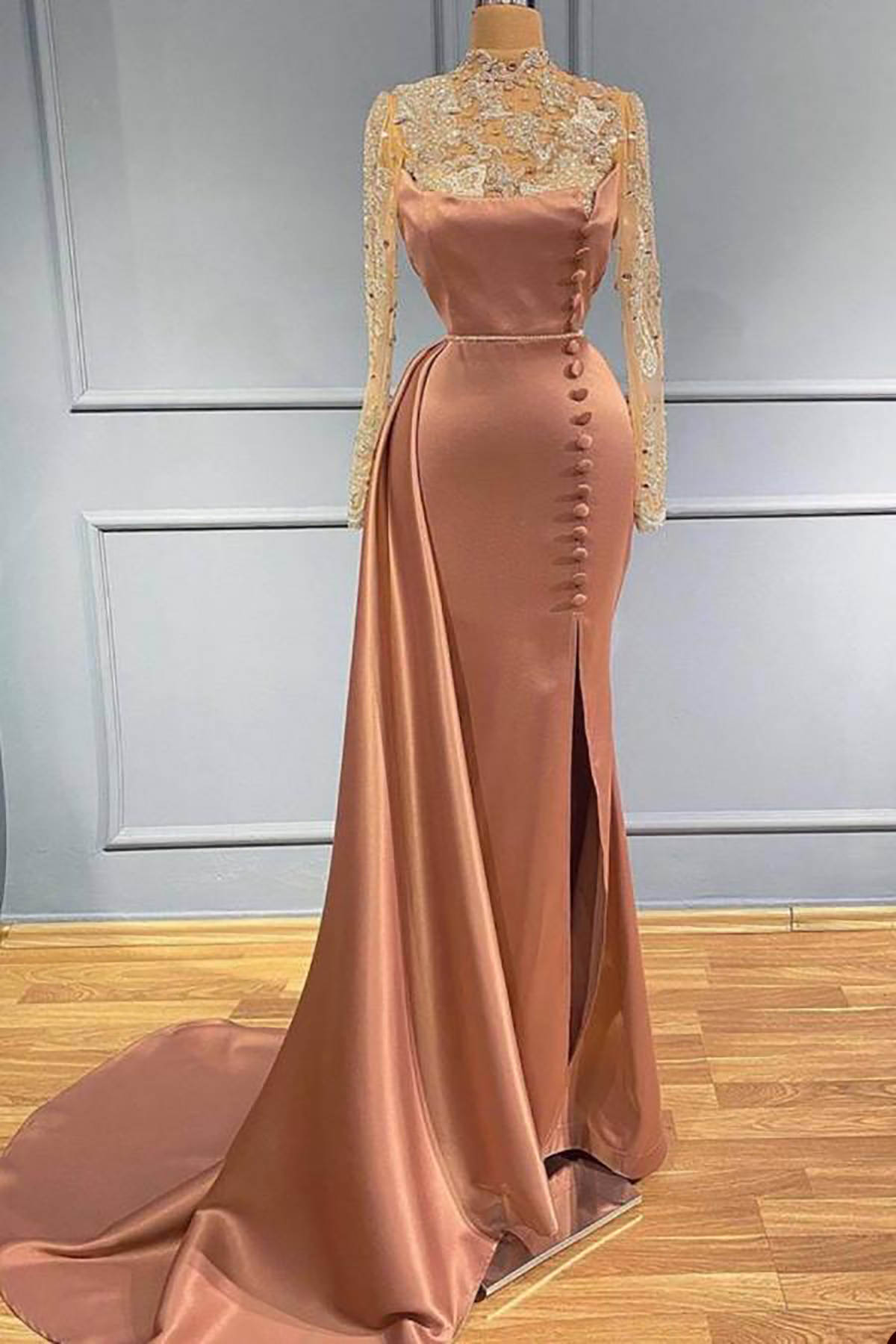 Classic Mermaid Evening Dress Sequins Crystal Appliques High Neck Long Sleeve Prom Gowns Split Formal Dresses Custom Made