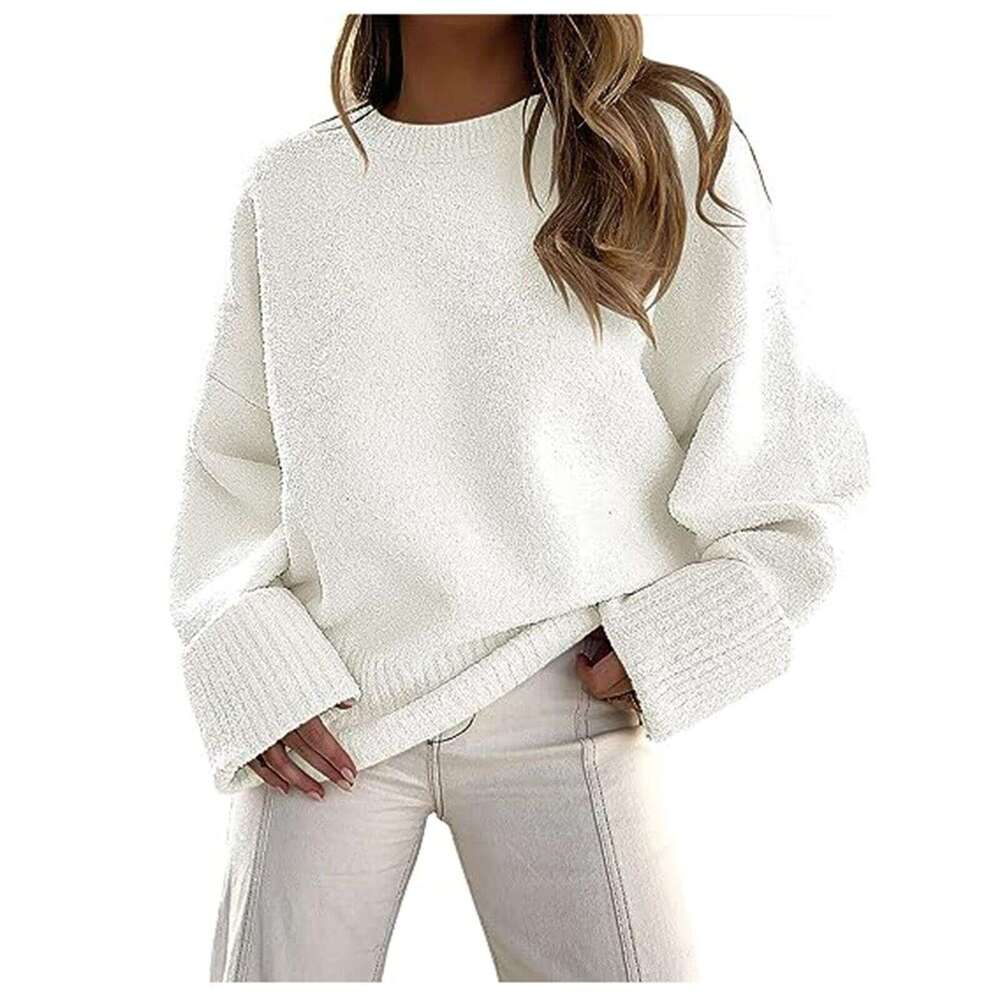 Womens clothing 2024 autumn and winter new loose fitting pullover knitted fashionable bat sleeve round neck sweater for women