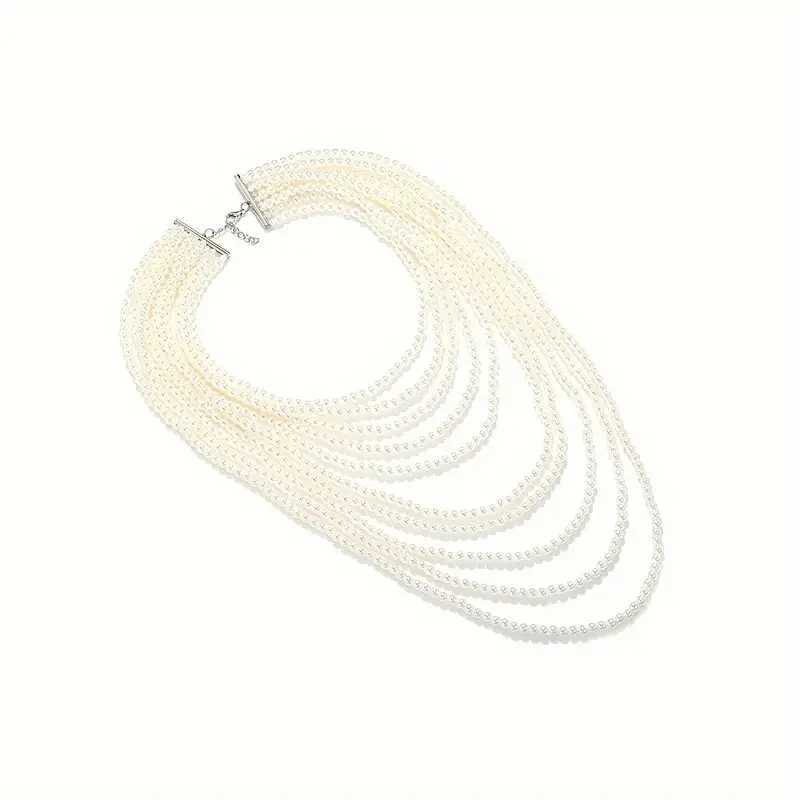 Dvacaman White Faux Pearl Beaded Necklace - Luxury Multi-Layered Simulated Pearl Necklace for Women Statement JewelryX241009