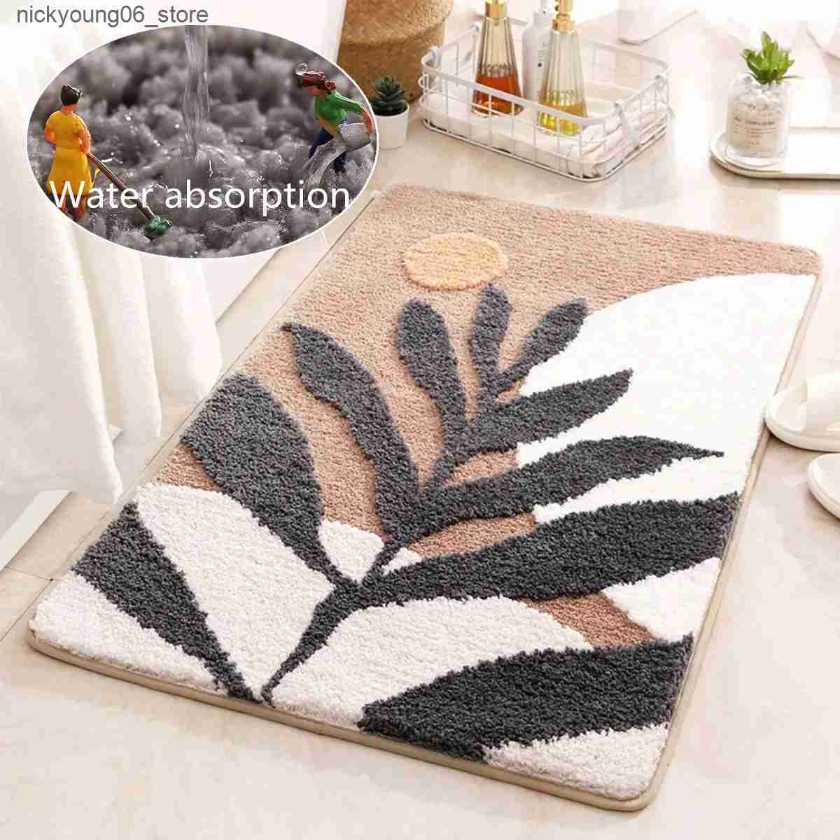 Non-Slip Bath Mats Abstract Leaves Big Bath Mat Non-Slip Bath Mat Rug Boho Plant Art Boho Bathroom Rug Soft Microfiber Dirt Resistant Floor Mats L2409
