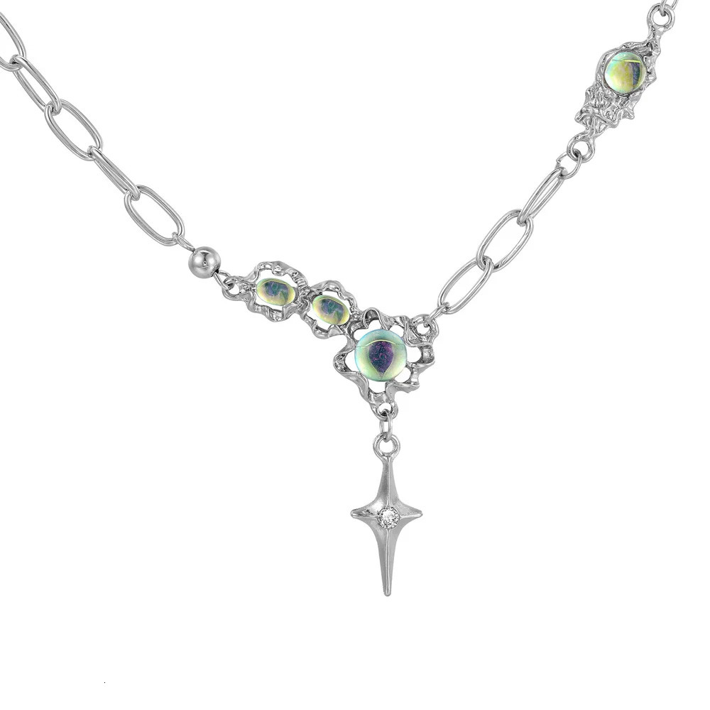 Vintage Crystal Opal Pendant Liquid Metal Necklace for Women Clavicle Chain Geometric Irregular Choker Y2K Jewelry Accessories 241009