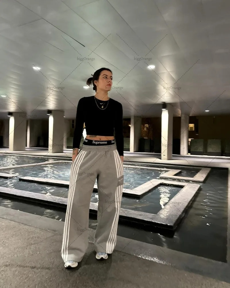 Fashion American retro classic striped loose sports pants hiphop streetwear Y2K Harajuku high waist wide leg casual 241010