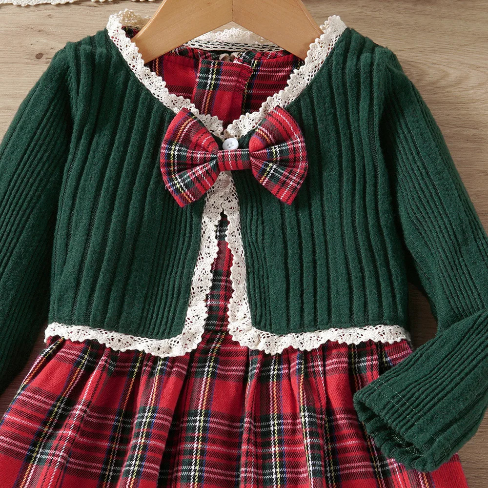 Childrens plaid girl Christmas dress autumn winter childrens long sleeved casual lace knitted cardigan top childrens clothing 241008