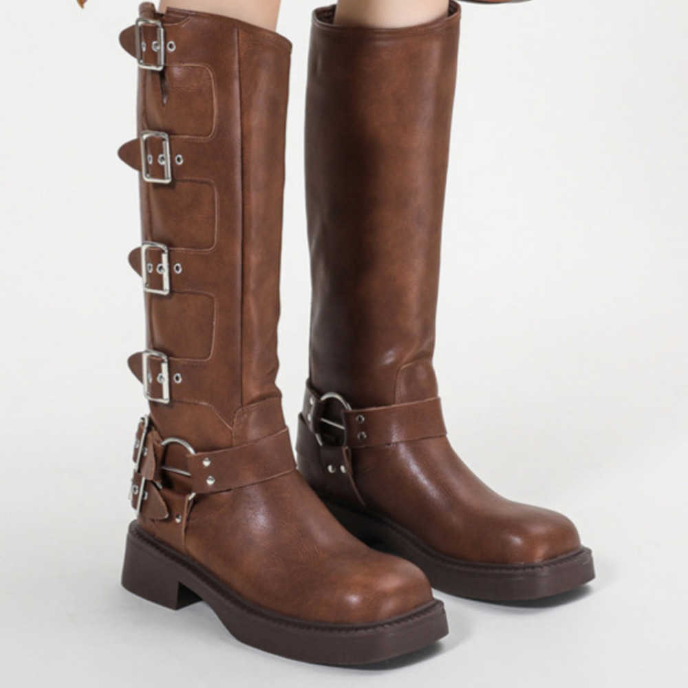Heeled Thigh High Heel Boots For Women The Knee Fashion Boots Autumn Winter Metal Leather Martin Boots Buckle Western Knight Boots 240826