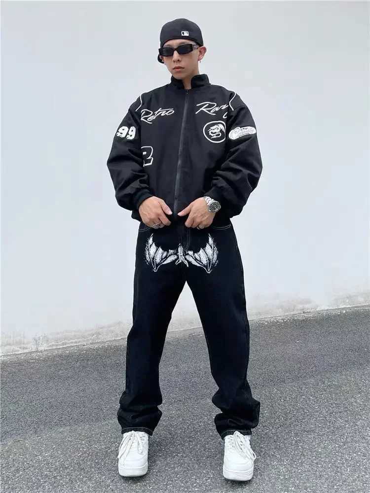 Man Cowboy Pants Straight Goth Mens Jeans Black Trousers Grunge Y2k with Print Designer Original 2024 Fashion Autumn ClothingX241009