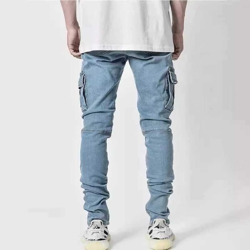 Stylish Tide Brand Men Cargo Narrow Leg Denim Pants Elastic Slim Fit Jeans Solid Color Multi Pockets Casual Skinny Male TrousersX241009