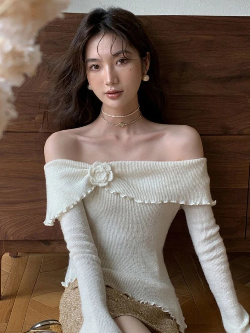 Deeptown Korean Fashion Off Shoulder Sweater Women Fairycore Aesthetic Knitted Jumper Mujer Chic Elegant Long Sleeve Top Spring 241010