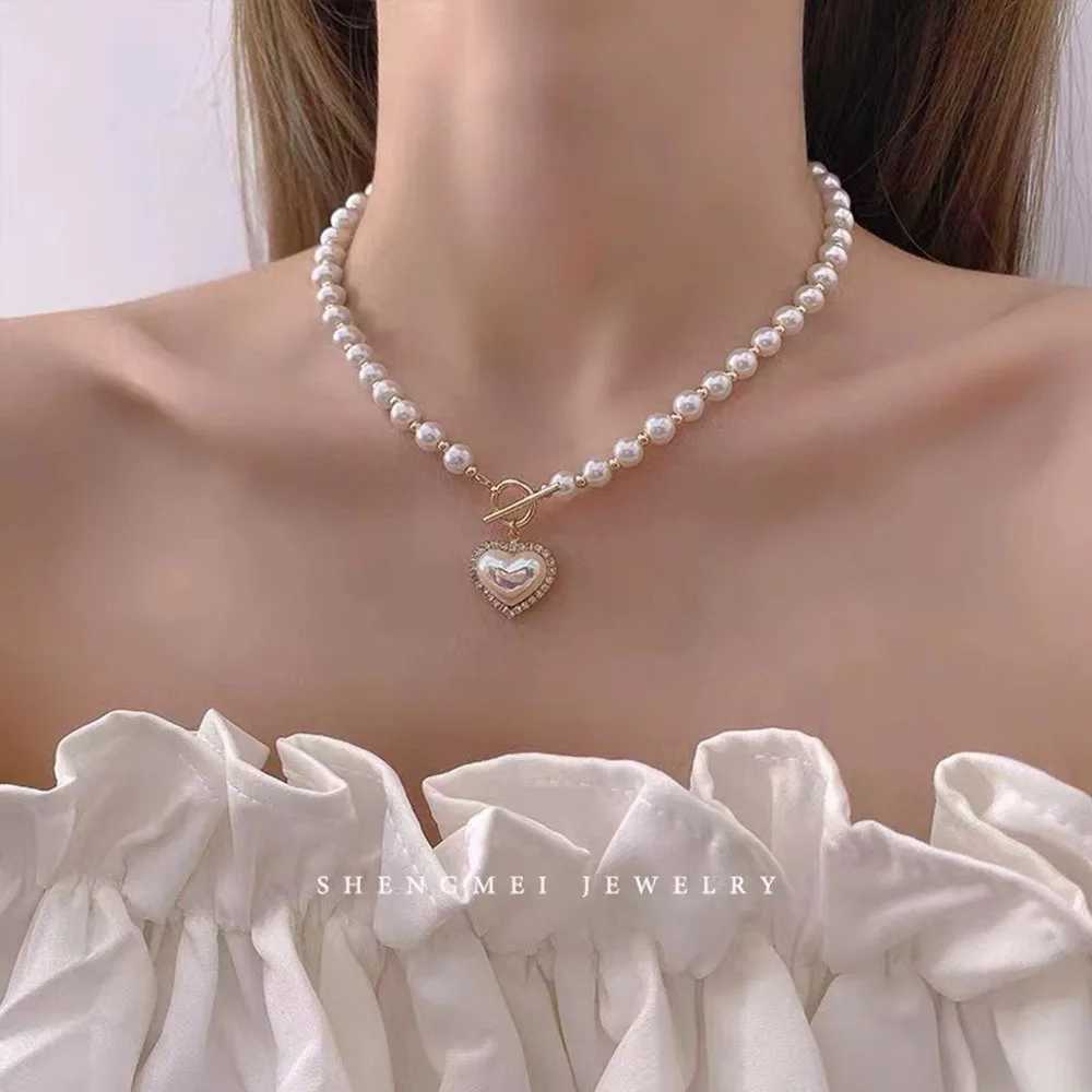 Instagram New Super Immortal Style Imitation Pearl Love Necklace Cool And Sweet Ot Buckle Collar Chain WomenX241009