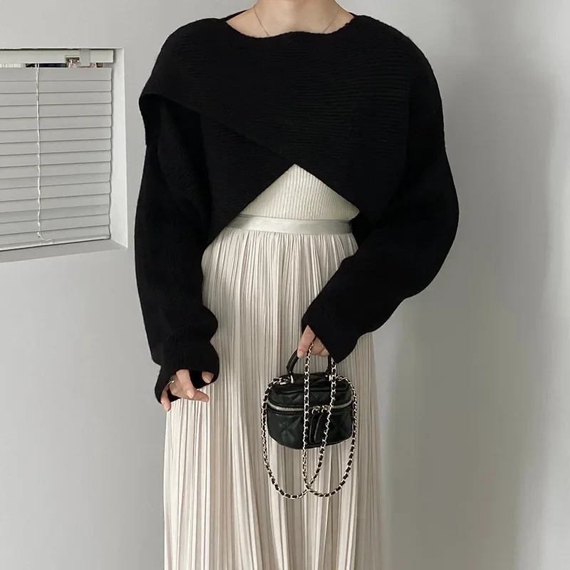 Early Autumn French Vintage Style Off-the-shoulder Knitted Top Fit Sensibility Pullover Sweater Irregular Womens 241010